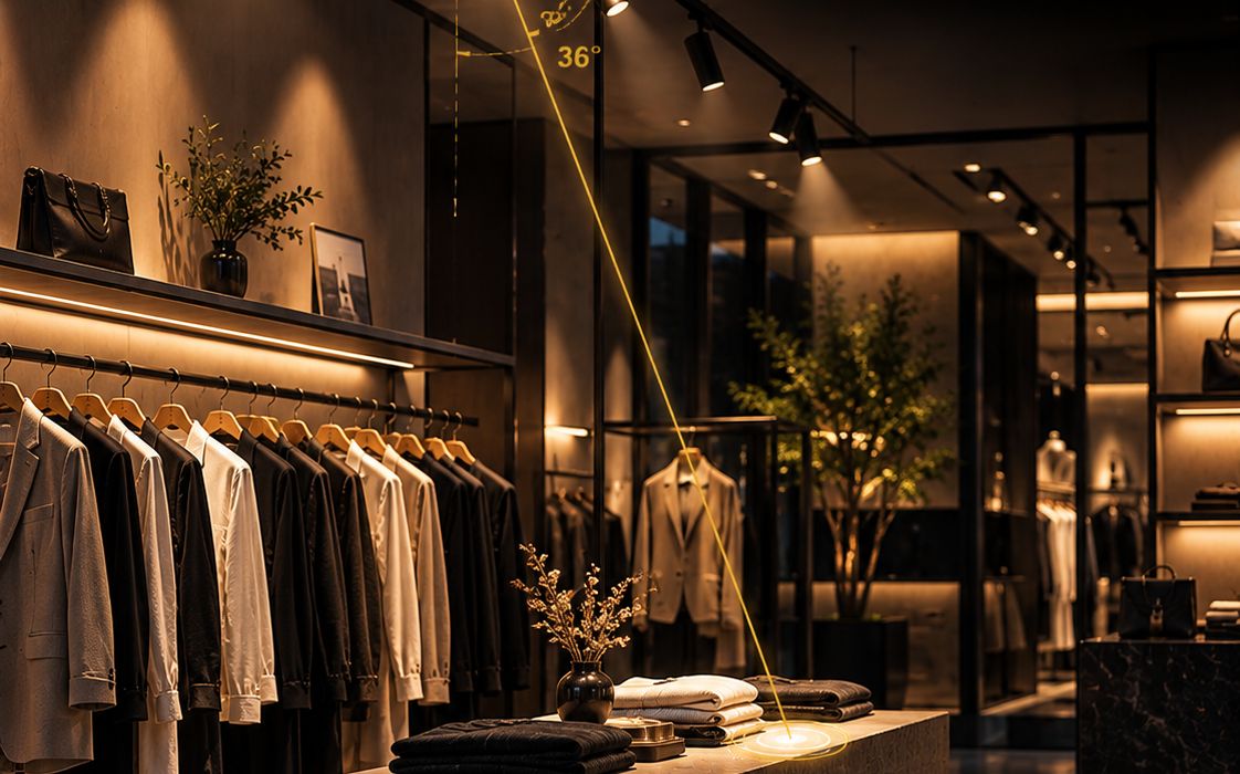 Adjusting spot angle on a clothing shop rail